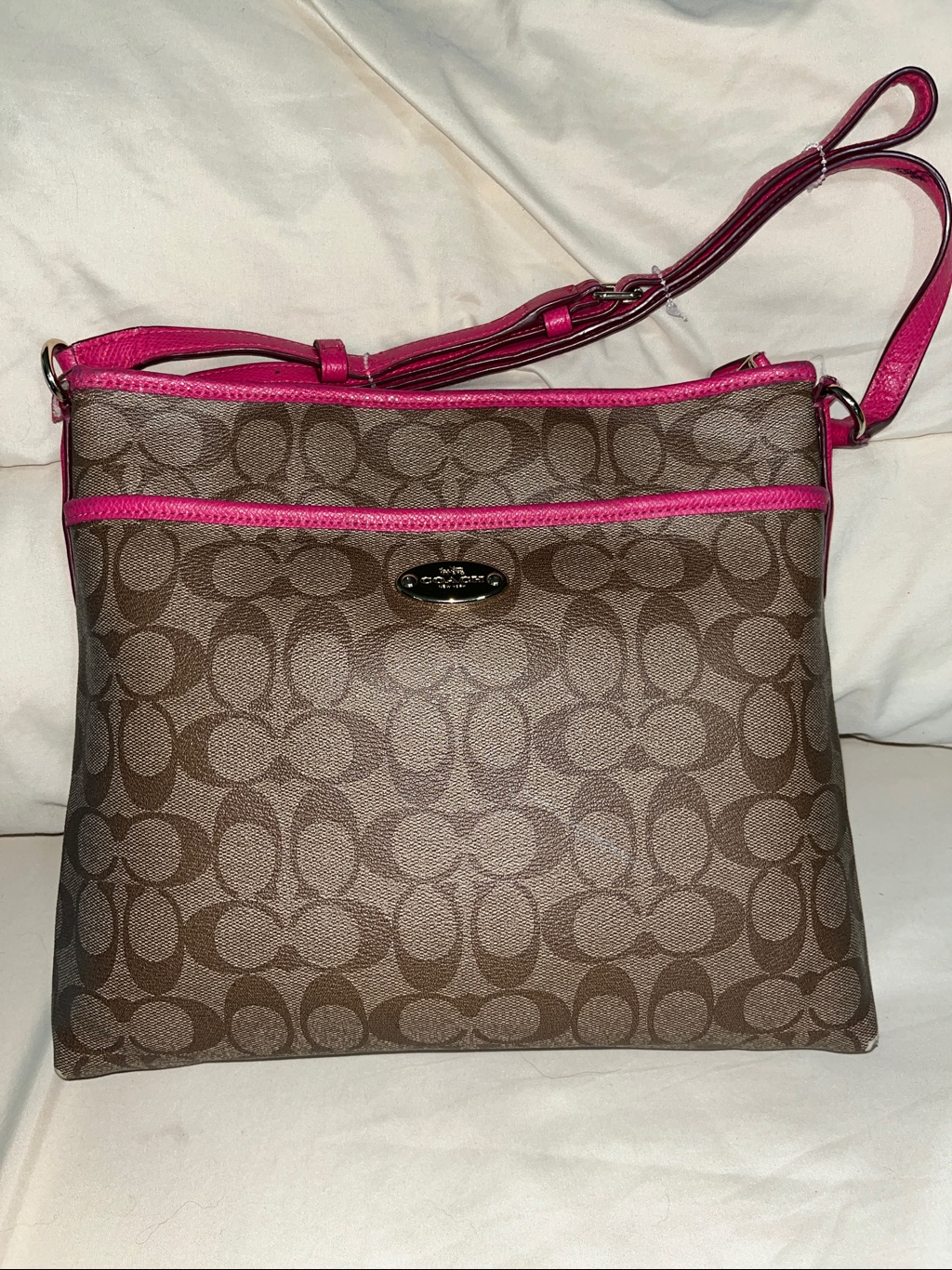 Coach Signature Sunset Hot Pink/Khaki Coated Canvas Crossbody Bag